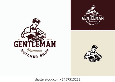 Ilustración vectorial de Un Caballero Carnicero es cortar y cortar un cerdo o carne de res con un cuchillo deshuesador. Antiguas Classic Logo Design para Premium Carne Shop o Carnicería logo design