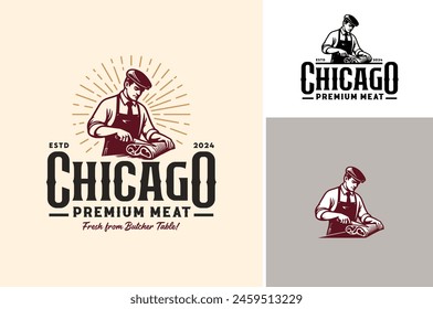 Vector illustration of A Gentleman Butcher is cutting and slicing a pork or beef using a boning knife. Vintage Classic Logo Design for Premium Meat Shop or Butchery logo design