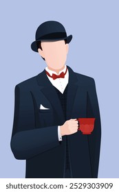 Vector illustration of a gentleman with a cup of tea in his hand. A man in a classic suit and bowler hat. Hand drawn illustration. Classic tea party.