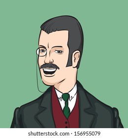 Vector illustration of gentleman with moustaches and monocle. Easy-edit layered vector EPS10 file scalable to any size without quality loss. High resolution raster JPG file is included.