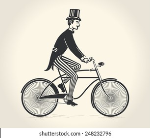 Vector illustration of gentleman ride a vintage bicycle over white background