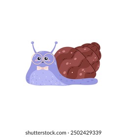 Vector illustration of a gentleman snail in purple, wearing glasses and a bow tie. This cute character is perfect for children's design in a flat cartoon style on an isolated background.