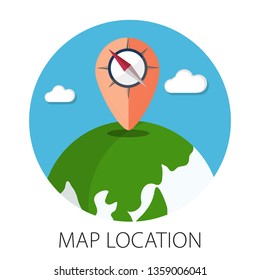 Vector illustration of geo targeting & map location concept with pin "map location" gps icon. travel icon.