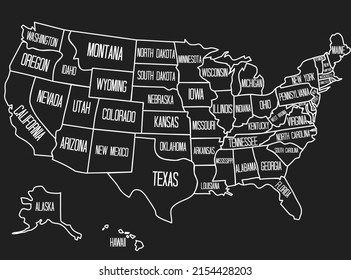 Vector illustration of a geographic map of the United States of America. Vintage style image with the USA state names. US state contour on a black background.