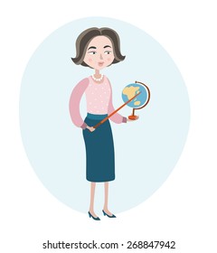 Vector illustration of geography teacher holding pointer and globe in her hands