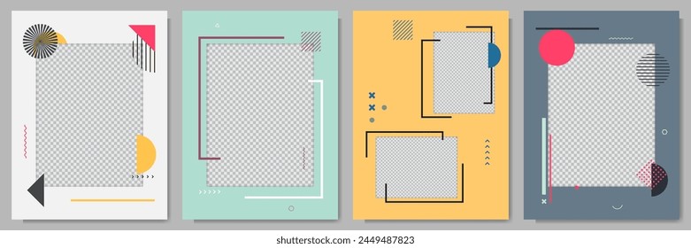 Vector illustration. Geometric abstract photo frame set. Memphis pattern. Design for flyer, poster, invitation, gift card, coupon, book cover. Banner clipping mask. Retro vintage background collection
