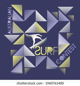 Vector illustration of geometric, abstract shapes with silhouette of surfer and text alluding to the sport.