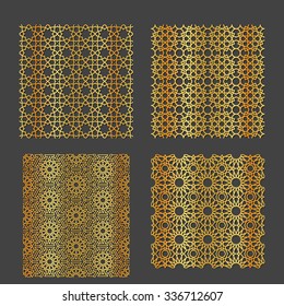 Vector Illustration of Geometric Arabic Seamless Pattern for Design, Website, Background, Banner. Islamic Element for Wallpaper or Textile. Gold ornament Texture Template