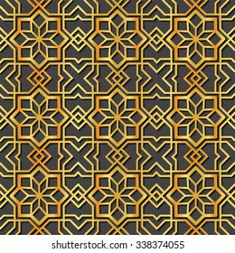 Vector Illustration of Geometric Arabic Seamless Pattern for Design, Website, Background, Banner. Islamic Element for Wallpaper or Textile. Gold ornament Texture Template
