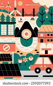 Vector illustration of a geometric art landscape with vibrant colors and intricate shapes.