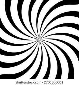Vector illustration of a geometric background. Radial linear pattern emanating from the center. Black and white texture. Optical illusion in Op Art style. Design for postcards, covers, and banners.