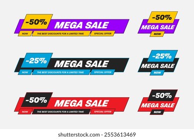 Vector illustration of geometric banner for mega sale, set of colorful flyers with 25.50% best discount limited time. Poster template for advertising, business promotion, special offer