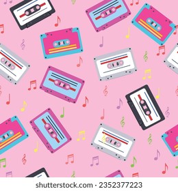 Vector illustration of a geometric cassette tape background, seamless and without connected elements.