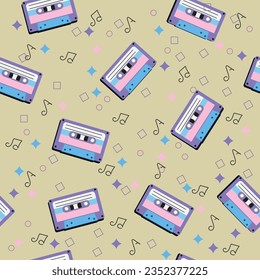 Vector illustration of a geometric cassette tape background, seamless and without connected elements.