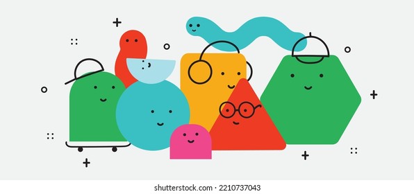 Ilustración vectorial de formas de caracteres geométricos con emociones faciales, forma colorida linda para la educación infantil.