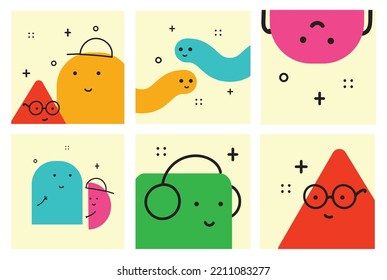 Ilustración vectorial de formas de caracteres geométricos con emociones faciales, forma colorida linda para la educación infantil.