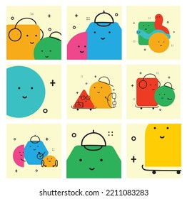 Ilustración vectorial de formas de caracteres geométricos con emociones faciales, forma colorida linda para la educación infantil.