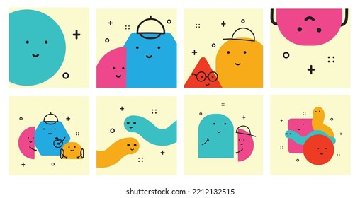 Vector illustration of geometric character shapes with face emotions, cute colorful shape for children education.