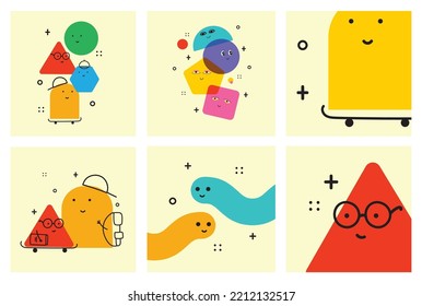 Vector illustration of geometric character shapes with face emotions, cute colorful shape for children education.
