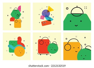 Ilustración vectorial de formas de caracteres geométricos con emociones faciales, forma colorida linda para la educación infantil.