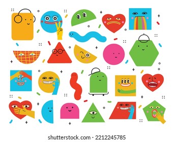 Vector illustration of geometric character shapes with face emotions, cute colorful shape for children education.