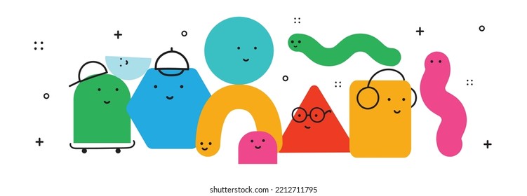 Vector illustration of geometric character shapes with face emotions, cute colorful shape for children education.