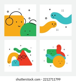 Ilustración vectorial de formas de caracteres geométricos con emociones faciales, forma colorida linda para la educación infantil.
