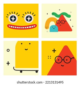 Vector illustration of geometric character shapes with face emotions, cute colorful shape for children education.
