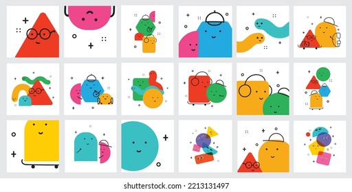 Vector illustration of geometric character shapes with face emotions, cute colorful shape for children education.