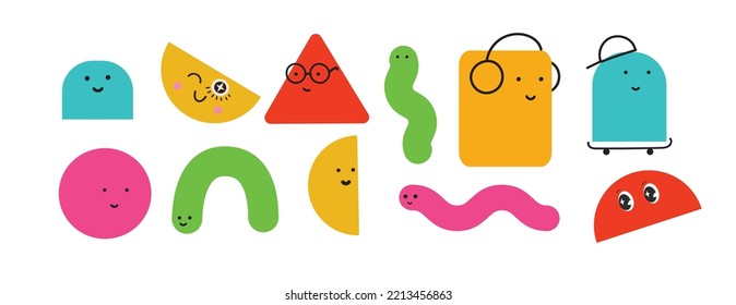 Vector illustration of geometric character shapes with face emotions, cute colorful shape for children education.
