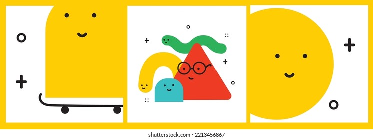 Vector illustration of geometric character shapes with face emotions, cute colorful shape for children education.