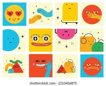 Vector illustration of geometric character shapes with face emotions, cute colorful shape for children education.