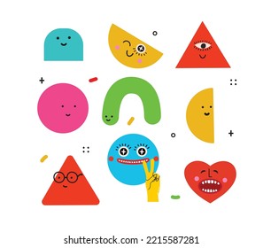 Vector illustration of geometric character shapes with face emotions, cute colorful shape for children education.