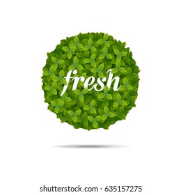 Vector illustration of a geometric circle shape covered in leaves. Fresh label design.