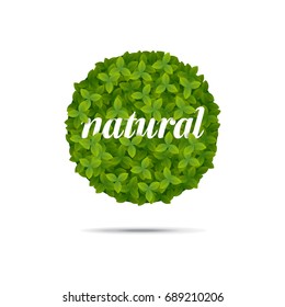Vector illustration of a geometric circle shape covered in leaves. Natural label design.