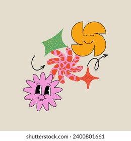 Composiciones geométricas de ilustraciones vectoriales con rostros emojis en un humor feliz y agradable. Concepto de emoción positiva.