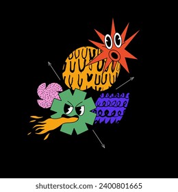 Vektorgrafik geometrische Kompositionen mit Emoji Gesichter in wütender und trauriger Stimmung. Negatives Emotionskonzept