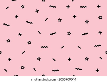 Vector illustration with geometric confetti. Seamless pattern. Cute texture with black small geometric shapes on pink background