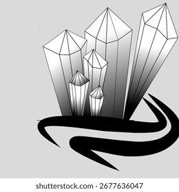 Ilustración vectorial de cristales geométricos con elegante efecto degradado en blanco y negro.