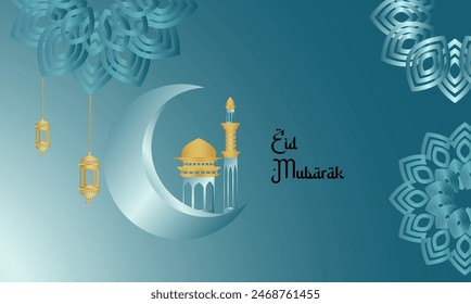 Vector Illustration Geometric Eid Mubarak Blue Sky With Pattern. Arabic Typography Eid Mubarak, Al Adha, Saeed , Al Fitr text Calligraphy