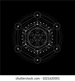 Vector illustration geometric elements with hexagonal shapes. Circle, Lines and Dots color white isolate on black Background.