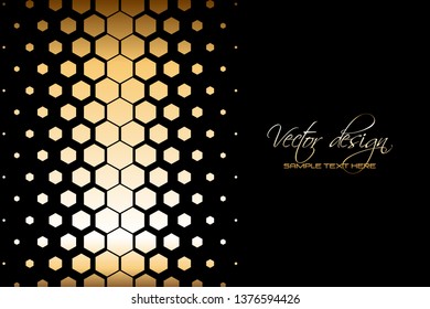 Vector illustration of Geometric figure hexagon. Golden honeycombs on a black background. Golden abstract texture. Honey. Vector design.