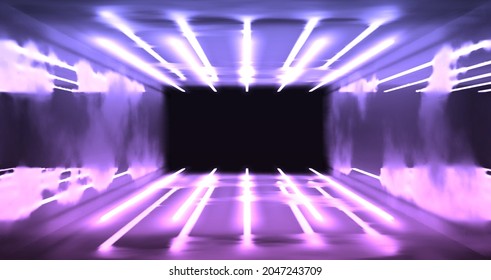 Vector illustration. Geometric figure in neon light against a dark tunnel. Laser line glow. Neon backgrounds.