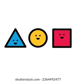 Vector illustration of geometric figures for children. Triangle, circle and square with a happy face. Emoticons of geometric figures.