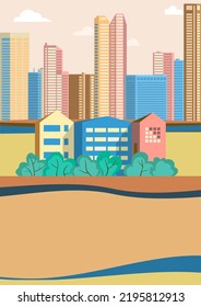 Ilustración vectorial en estilo plano geométrico - paisaje urbano con edificios, colinas, arbustos y árboles