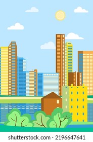 Vector illustration in geometric flat style - city landscape with buildings, hills, bushes and trees