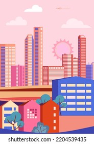 Ilustración vectorial en estilo plano geométrico - paisaje urbano con edificios, colinas, arbustos y árboles