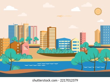 Vector illustration in geometric flat style - city landscape with buildings, hills, bushes and trees