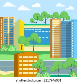 Vector illustration in geometric flat style - city landscape with buildings, hills, bushes and trees