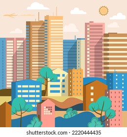 Vector illustration in geometric flat style - city landscape with buildings, hills, bushes and trees